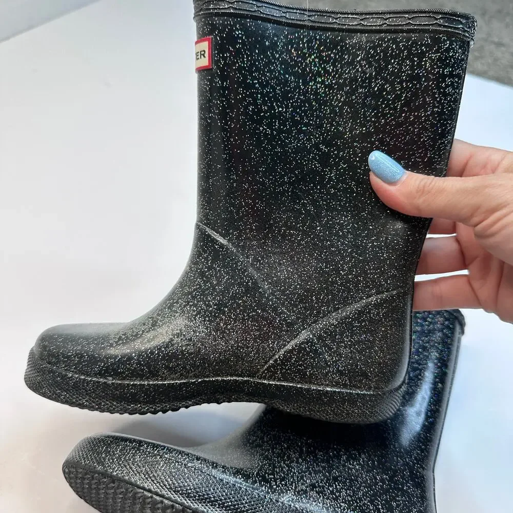 Hunter Black Glitter Rubber Rain Boots